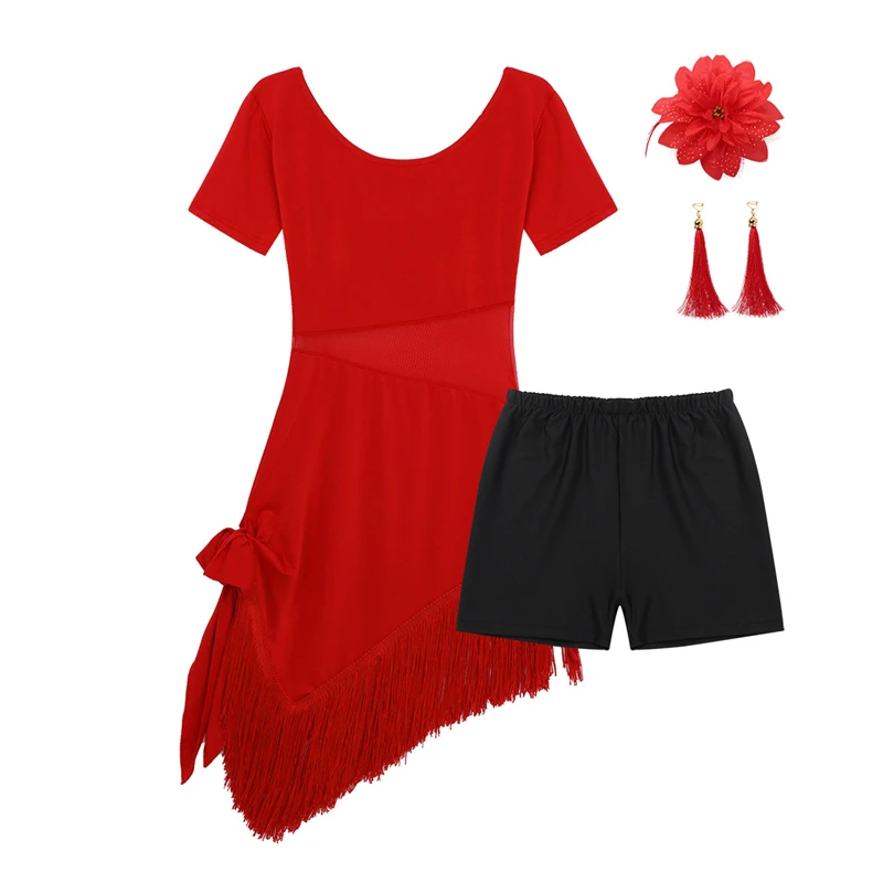 Teen Girls Dance Dress Mesh Splice Irregular Tassels Hem for Latin Ballroom Rumba Tango Performances Competition Costume | Детская