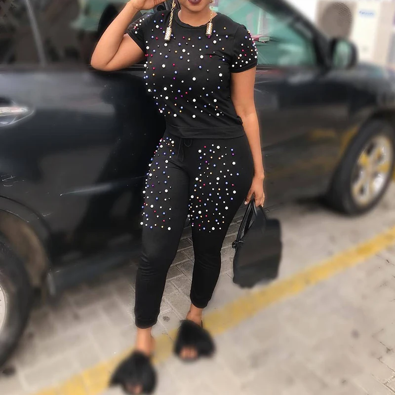 Pearl Beading Black Tracksuits Women Two Piece Set 2018 Street t-shirt Tops and Jogger Set Suits Casual Bodcon 2pcs Outfits
Pearl Beading Black Tracksuits Women Two Piece Set 2018 Street t-shirt Tops and Jogger Set Suits Casual Bodcon 2pcs Outfits