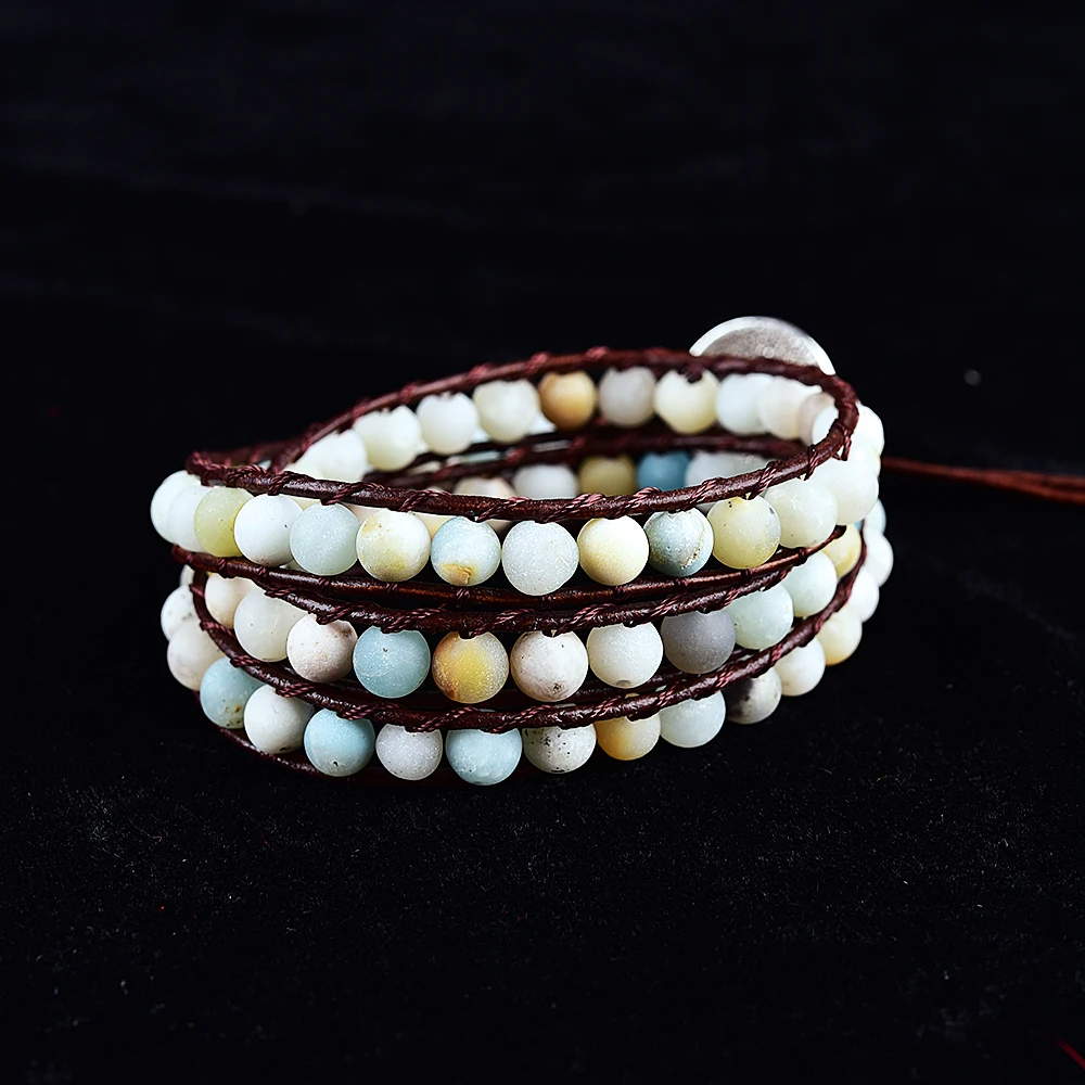 

Asingeloo Matte Amaznite stone Beads Leather Bracelets 3 Wraps Strands Wrap Bracelets Woven Multilayer Boho Bracelet Jewelry