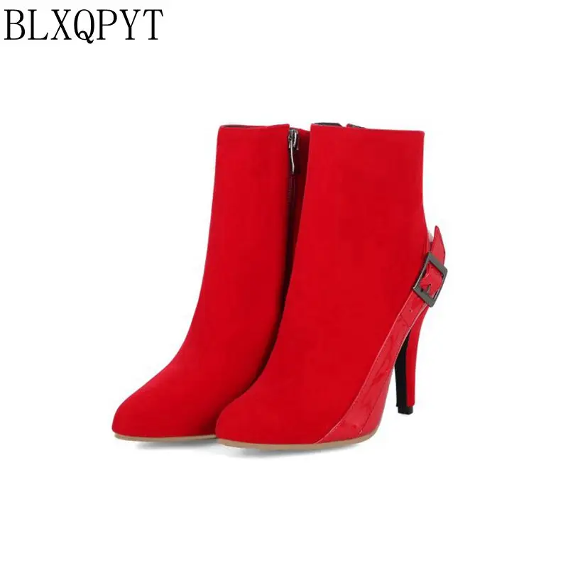 

BLXQPYT Elegant Small & Big 28-52 Size Flock Warm New Boot Women Zipper High Heels Wedding Shoes Woman Ankle Boots Y123