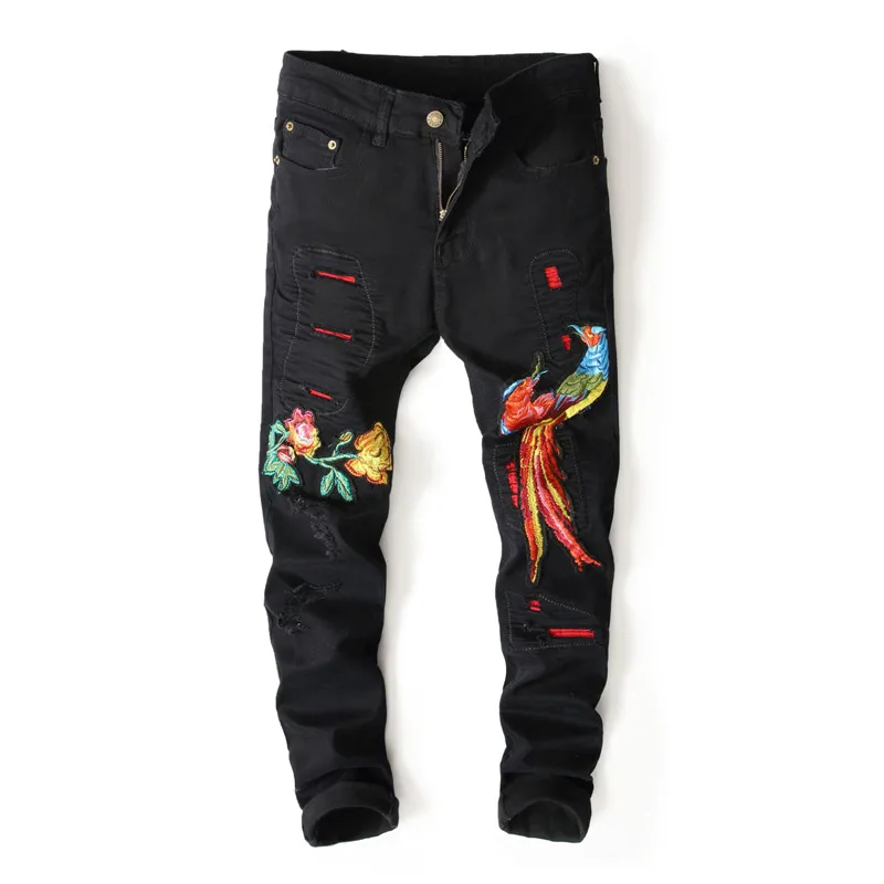 

Hot Fashion Brand Cotton Denim Pants Stretch Bleach Ripped Phoenix Bird Flowers Embroidery Jeans Hip Hop Holes Denim Jeans 573#
