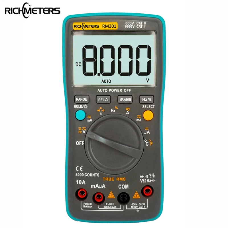 RICHMETERS RM301 Digital Multimeter 8000 counts True-RMS Back light AC DC Voltage Ammeter Current Ohm Auto/Manual
RICHMETERS RM301 Digital Multimeter 8000 counts True-RMS Back light AC DC Voltage Ammeter Current Ohm Auto/Manual