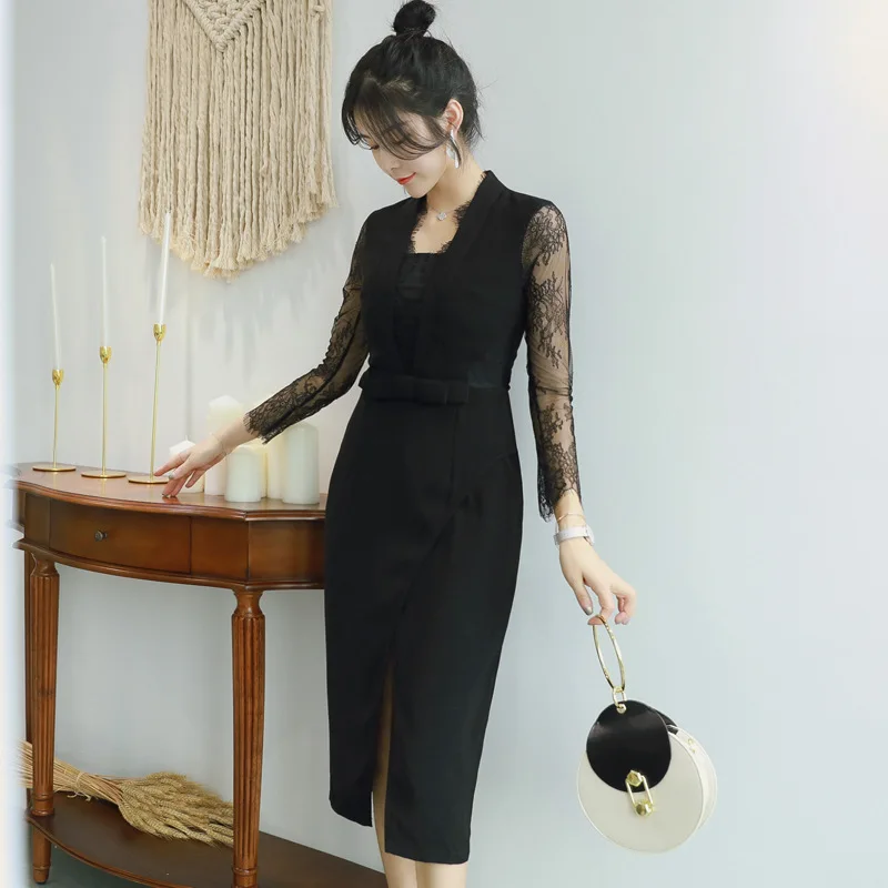 Женское однотонное платье-карандаш черное кружевное платье до колен с длинным