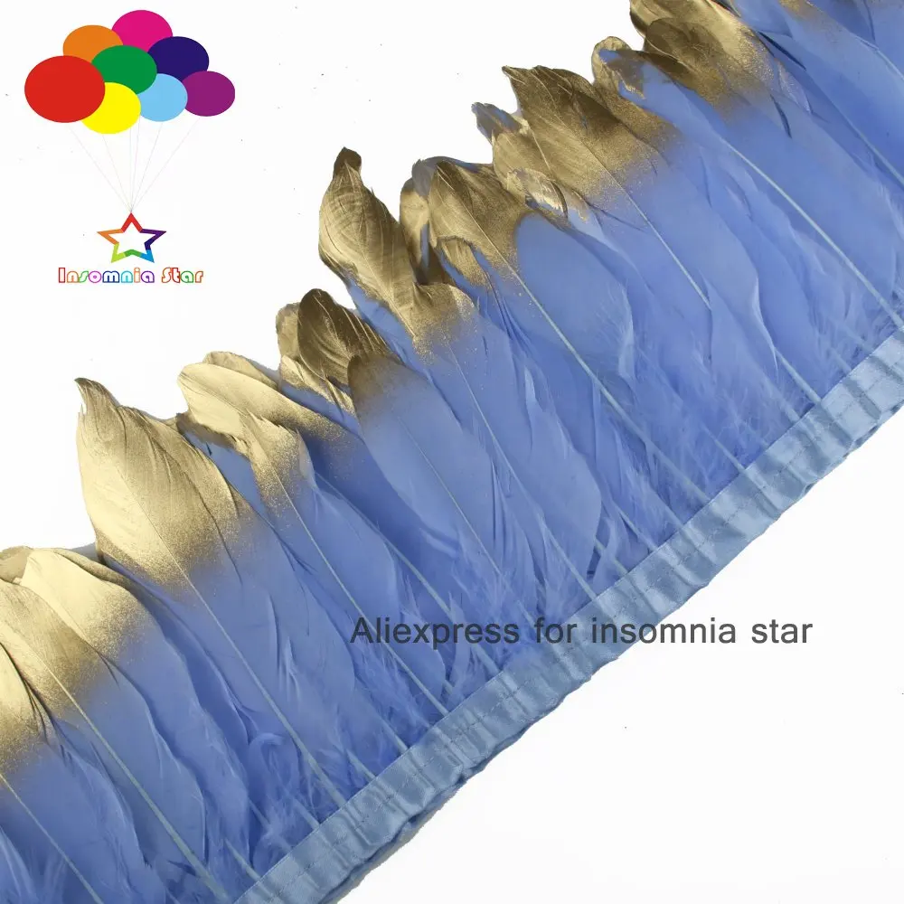 Dyed Sky blue 2 Meter Goose fringe paint gold tips Feathers Trims with Satin Ribbon Tape center pieces for wedding
Dyed Sky blue 2 Meter Goose fringe paint gold tips Feathers Trims with Satin Ribbon Tape center pieces for wedding