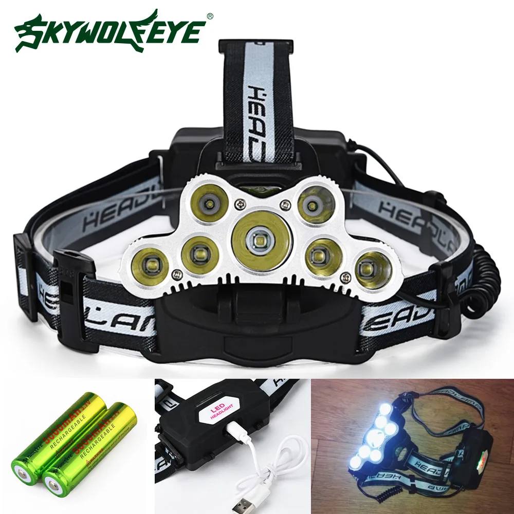 SKYWOLFEYE 7 светодиодный USB Перезаряжаемые Фара 5 * XML T6 + 2 XPE 4500LM Глава фонарик факел 18650