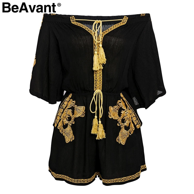 BeAvant Ethnic embroidery black jumpsuit rompers Women v neck tassel boho playsuit Summer beach casual overalls macacao 2018 new | Женская