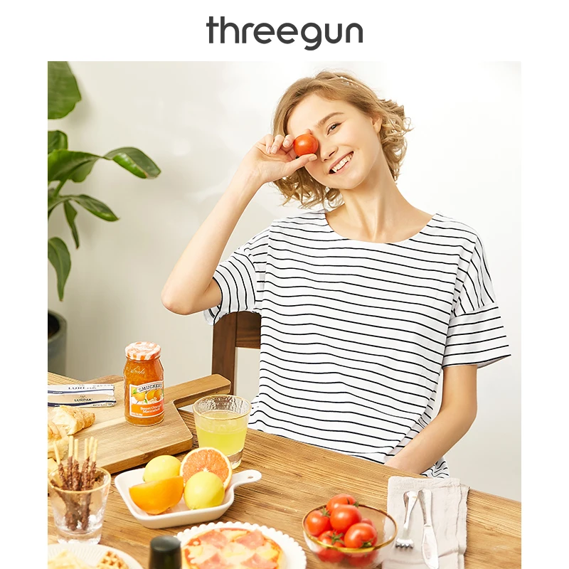 Фото THREEGUN женская футболка шелковистая растягивающаяся полосатая - купить