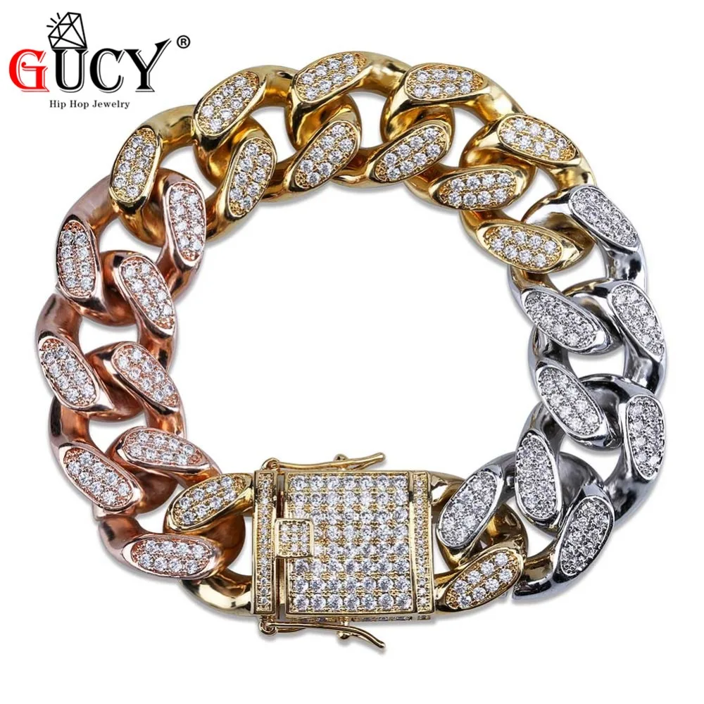 GUCY Hip Hop 18MM Width Cuban Chain Bracelet Micro Pave CZ Stones Three Colors Tricolor Bling Iced Out Charm Bracelets For Men
GUCY Hip Hop 18MM Width Cuban Chain Bracelet Micro Pave CZ Stones Three Colors Tricolor Bling Iced Out Charm Bracelets For Men