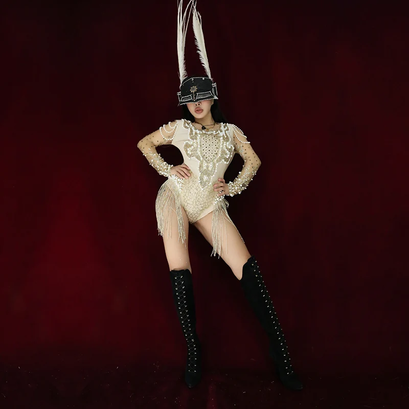 Women New Pearl Mesh Sleeve Gold Rhinestones Tassels Bodysuit Bar Female DJ Singer Dance Costume Sexy Dance Team Jazz Stage Wear
Women New Pearl Mesh Sleeve Gold Rhinestones Tassels Bodysuit Bar Female DJ Singer Dance Costume Sexy Dance Team Jazz Stage Wear
