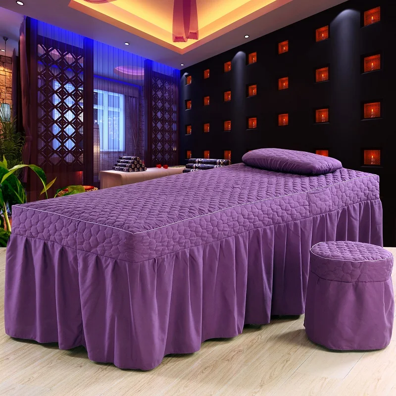

One Piece Brief Cotton Embroidey Beauty Bed Skirt 70*190cm Beauty Salon Bedspread with Hole Customized Size Brown Purple