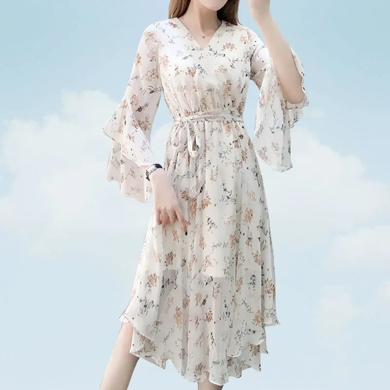Летнее женское платье 2019 с высокой талией цветочным рисунком шифоновое