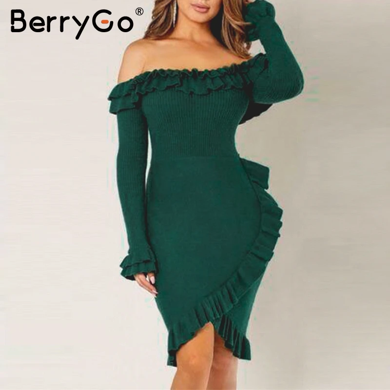 Фото BerryGo трикотажные платья русалка облегающее зеленое рукавом Sexy с - купить