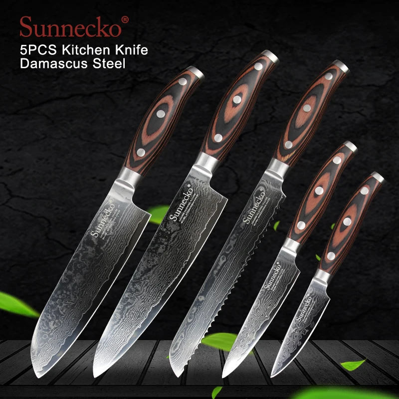 SUNNECKO 5PCS Kitchen Knife Set 73 Layers Damascus Steel Japan VG10 Chef Bread Santoku Utility Paring Knives Pakka Wood Handle
SUNNECKO 5PCS Kitchen Knife Set 73 Layers Damascus Steel Japan VG10 Chef Bread Santoku Utility Paring Knives Pakka Wood Handle