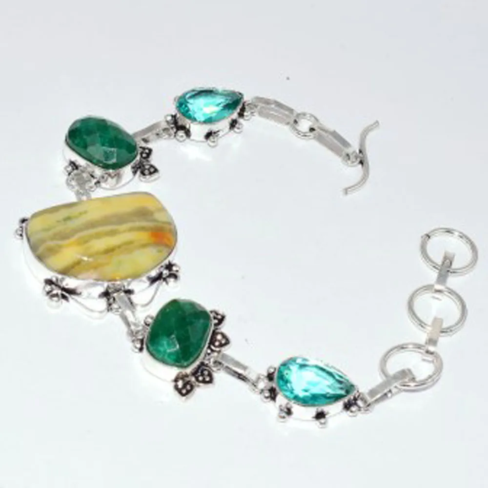 Emeralds + Green Quarts + Jaspers Bracelet Silver Overlay over Copper, 21cm , B3197
Emeralds + Green Quarts + Jaspers Bracelet Silver Overlay over Copper, 21cm , B3197