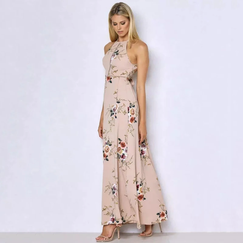 Для женщин макси с цветочным принтом платье длинным Boho Холтер бинты ремень