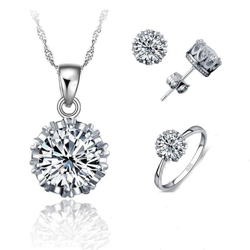 Pure 925 Sterling Silver Cubic Zirconia Round Pendant Necklace Stud Earrings Rings Bague Women Bridal Wedding Jewelry Sets
Pure 925 Sterling Silver Cubic Zirconia Round Pendant Necklace Stud Earrings Rings Bague Women Bridal Wedding Jewelry Sets