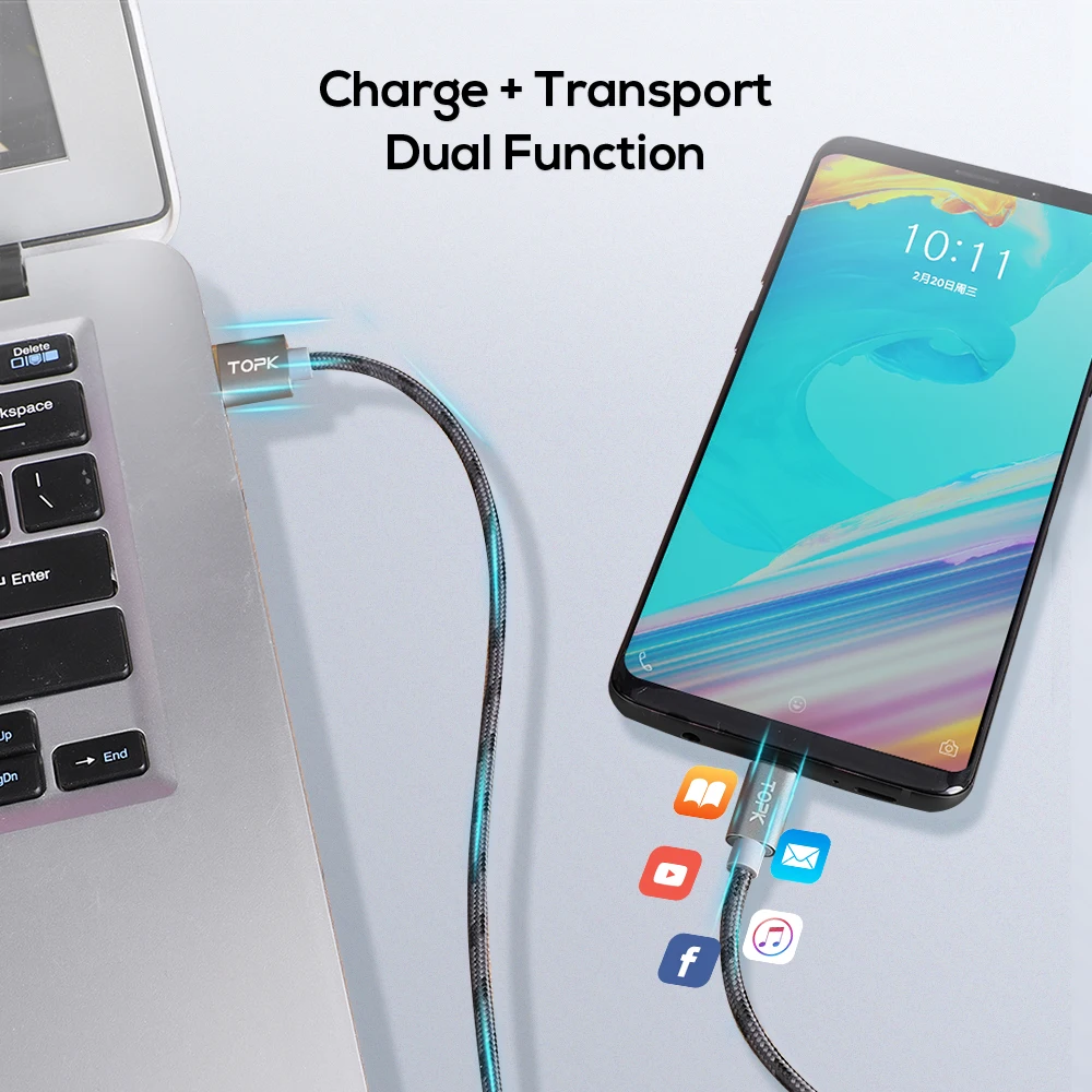 Кабель Micro USB TOPK для телефонов Samsung / Sony/Xiaomi/Android с металлическим корпусом