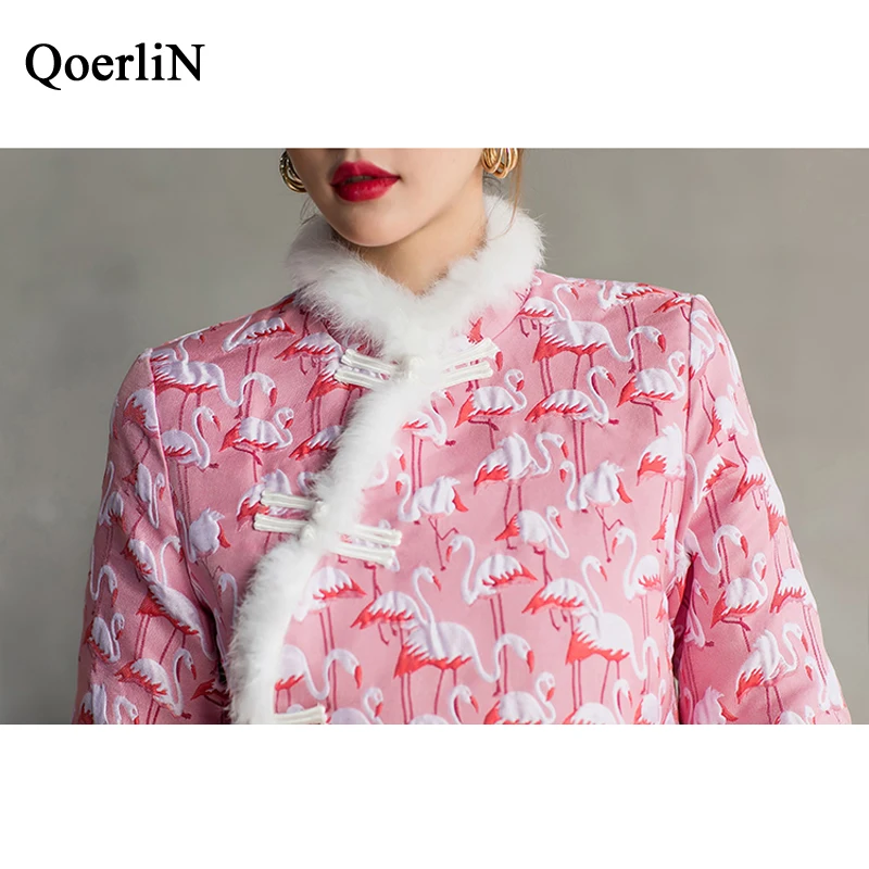 QoerliN Ретро Стеганое пальто куртка Женская Cheongsam Китайский Улучшенный Жаккард