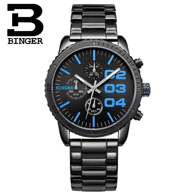 Switzerland BINGER watches men luxury brand Quartz waterproof Chronograph Stop Watch leather strap Wristwatches B9007-4 | Наручные часы