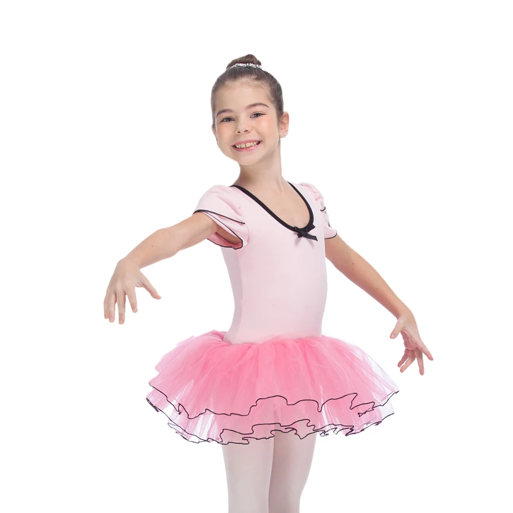 

Light Pink and Hot Pink Puffy Sleeve Leotard with Tulle Skirt for Ballet Dancing Performance