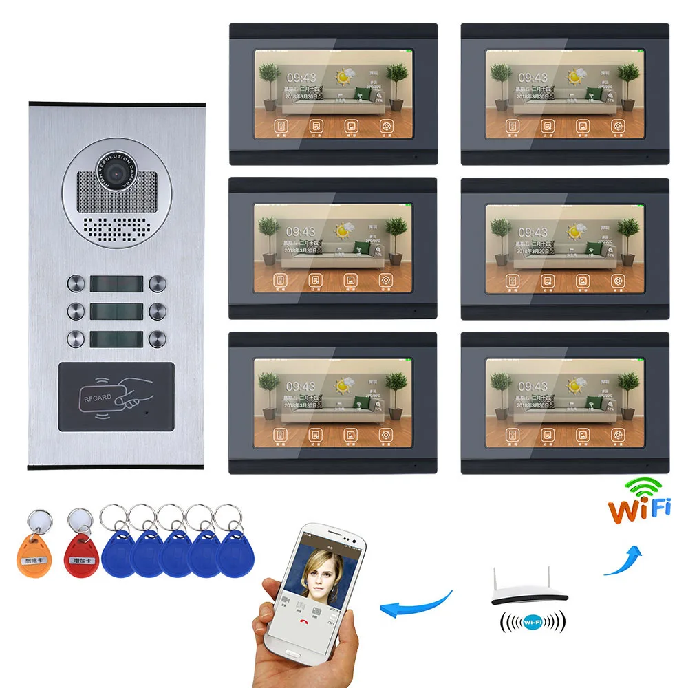 

7inch Record Wired Wifi 3/4/5/6 Apartment/Family Video Door Phone Intercom System RFID IR-CUT HD 1000TVL Camera with 6 button