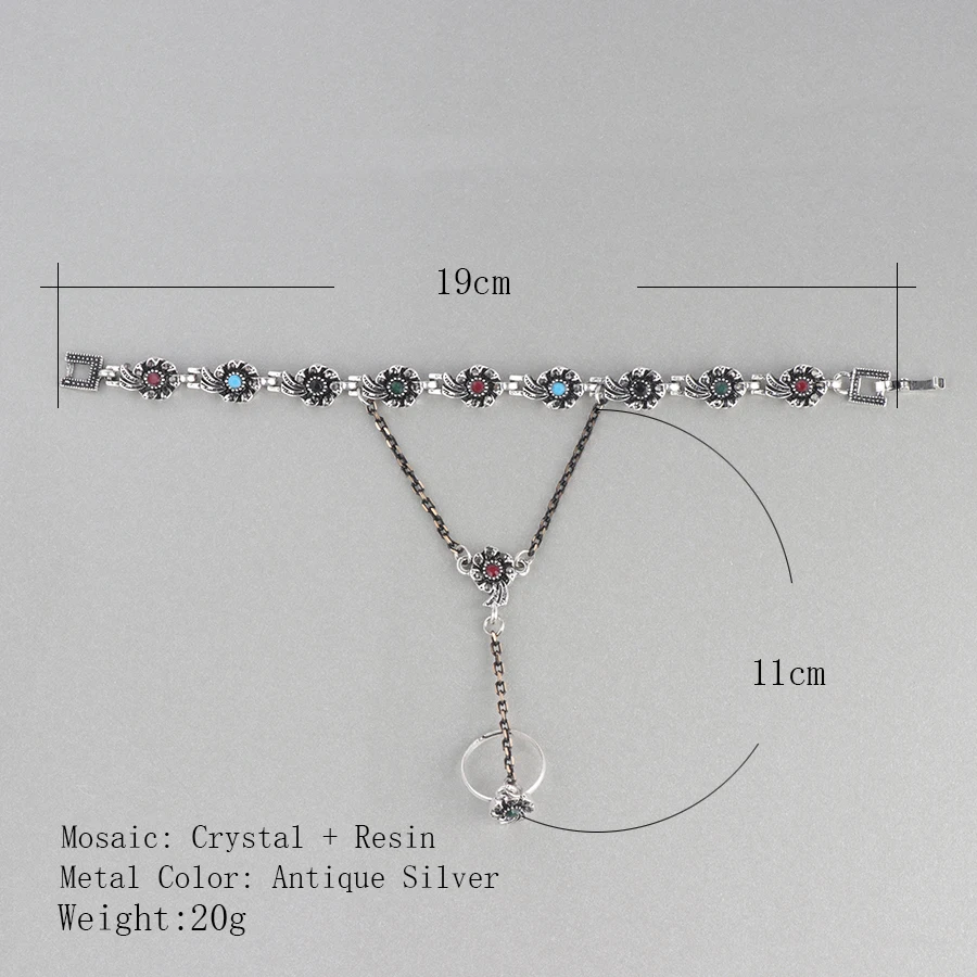 Wbmqda Bohemian Crystal Flower Bracelets link Ring For Women Antique Silver Color Vintage Ethnic Jewelry Sets Wholesale 2019 New | Украшения