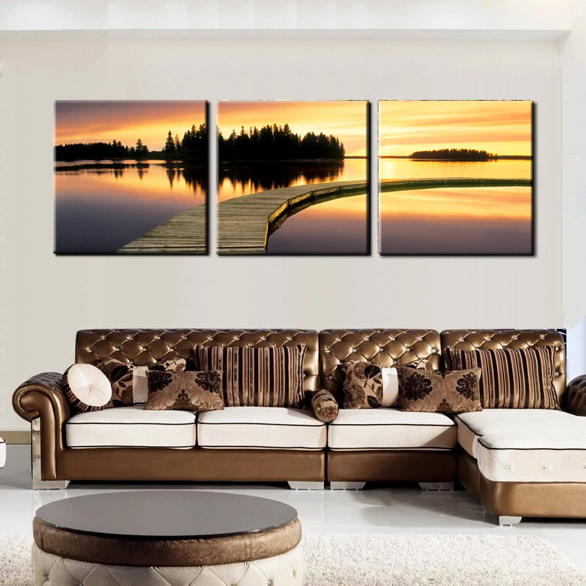 3 Pieces Painting Abstract Dusk Scenery Wall Art Pictures Set The Wooden Bridge In Lake Canvas Print For Modern Decor NO FRAME | Дом и сад