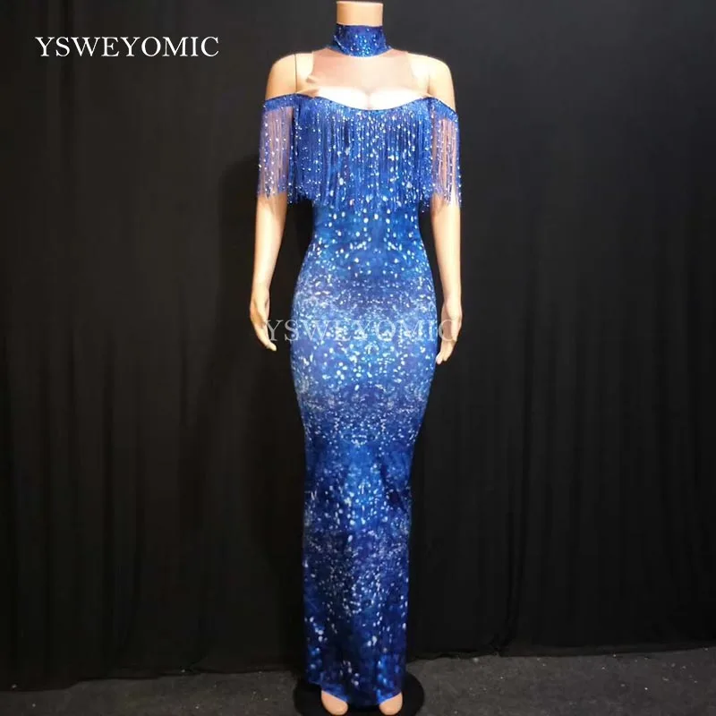 Women Sexy Blue Tassel long dress Full Bling Pearls Silver Sparkling Crystals Nightclub Party Stage Wear Singer Costumes
Women Sexy Blue Tassel long dress Full Bling Pearls Silver Sparkling Crystals Nightclub Party Stage Wear Singer Costumes