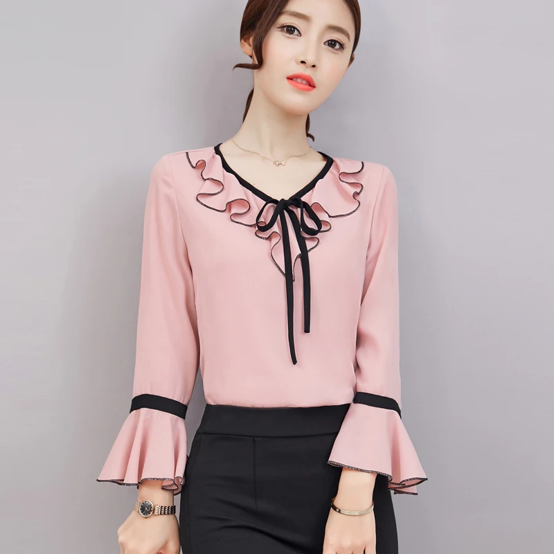 Spring Sweet Chiffon Blouse Shirts Women Fashion V Neck Ruffles Patchwork Flare Sleeve Loose Shirt Female Slim Graceful Blusas
Spring Sweet Chiffon Blouse Shirts Women Fashion V Neck Ruffles Patchwork Flare Sleeve Loose Shirt Female Slim Graceful Blusas