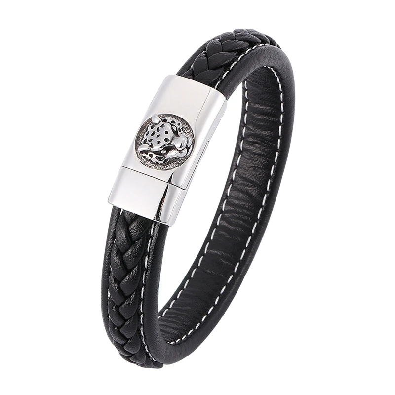 Punk Men Jewelry Braided Leather Men Bracelet Trendy Stainless Steel Leopard Head Bracelet Magnetic Buckle Leather Bangle SP0358
Punk Men Jewelry Braided Leather Men Bracelet Trendy Stainless Steel Leopard Head Bracelet Magnetic Buckle Leather Bangle SP0358
