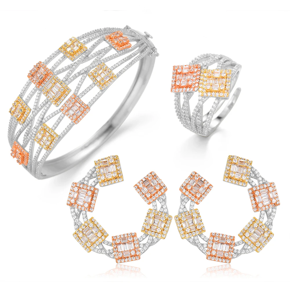 Фото Набор бижутерии GODKI BIG Luxury из 3-х украшений — серьги, браслет и кольцо с кубическим цирконием и кристаллами для свадьбы, помолвки и невесты в стиле Дубай, 2019 год.