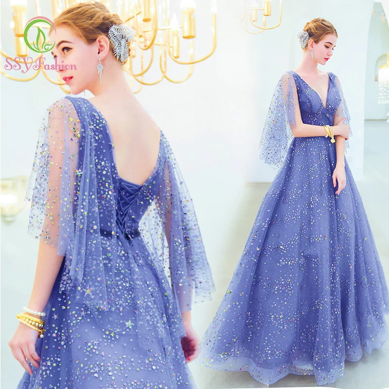 SSYfashion V Neck Half Sleeves Lace Up Back Sequined Floor Length Long Blue Evening Dress Custom Party Formal Evening Gown
SSYfashion V Neck Half Sleeves Lace Up Back Sequined Floor Length Long Blue Evening Dress Custom Party Formal Evening Gown
