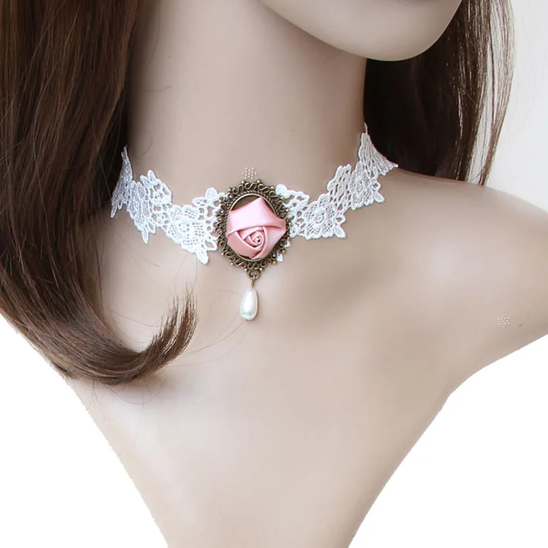 Womens New Sexy Gothic Bridal White Lace Choker Short Necklace Collar Handmade Pink Flower Rose Drop Bead Lolita Fashion Jewelry
Womens New Sexy Gothic Bridal White Lace Choker Short Necklace Collar Handmade Pink Flower Rose Drop Bead Lolita Fashion Jewelry