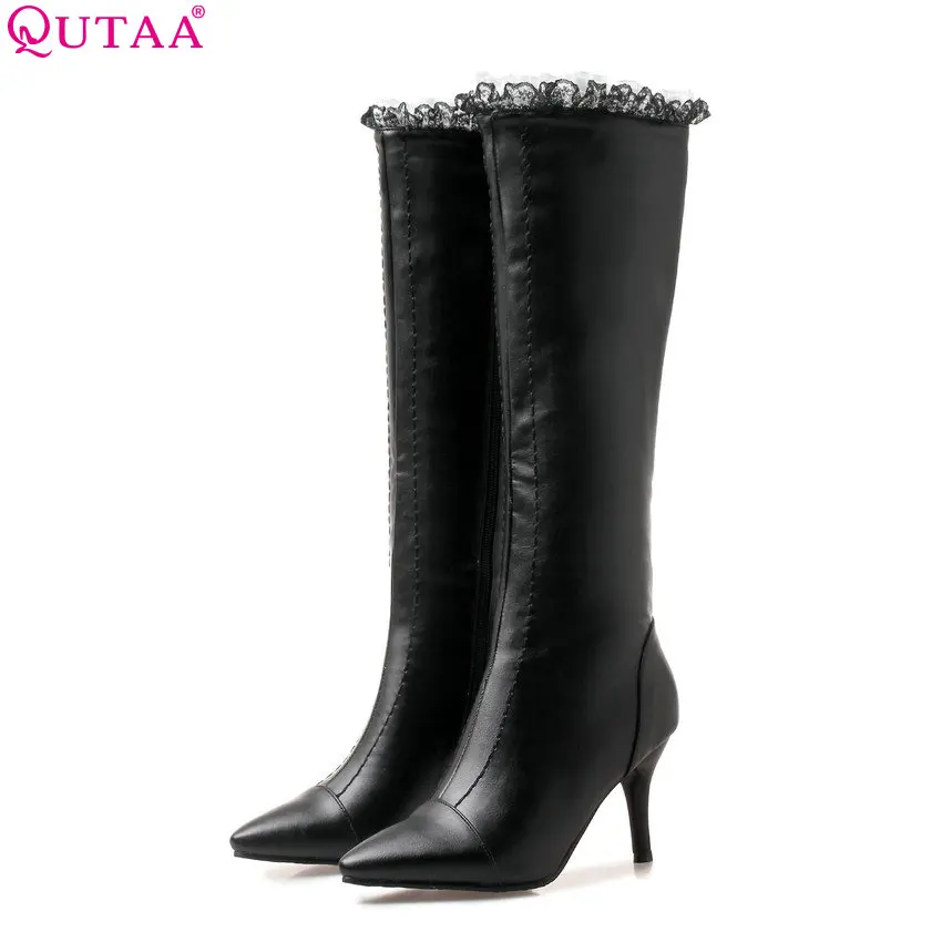 Фото Женские сапоги на платформе QUTAA черные до колена из искусственной кожи тонком