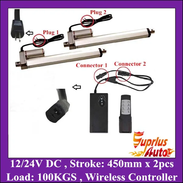 Electric linear actuator with wireless controller, 18inch=450mm stroke 12v linear actuator with max load 1000N/225LBS/100KGS
Electric linear actuator with wireless controller, 18inch=450mm stroke 12v linear actuator with max load 1000N/225LBS/100KGS
