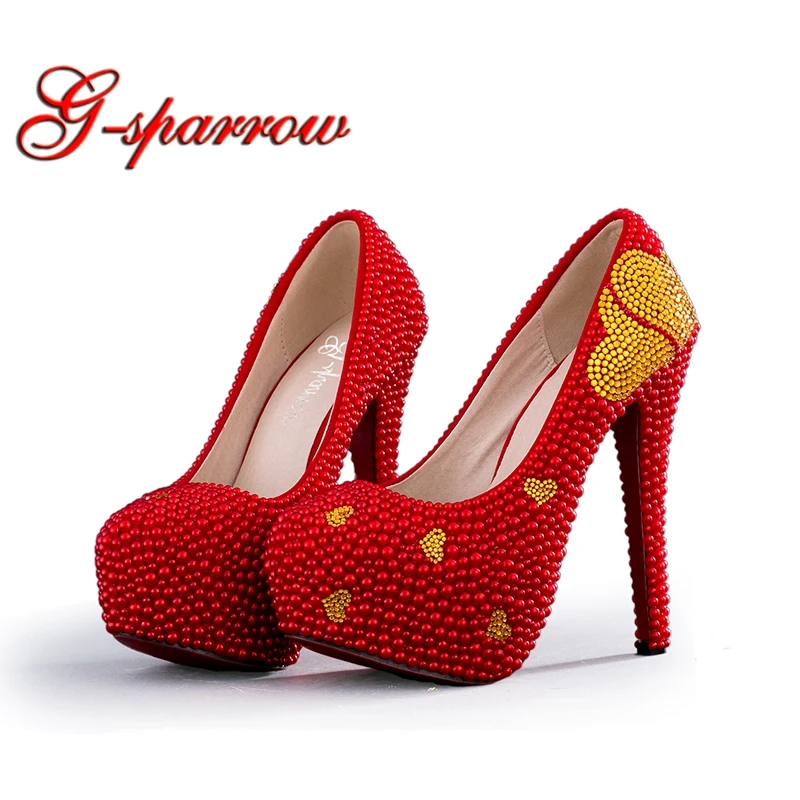 Red Imitation Pearl Wedding Shoes with Gold Rhinestone Heart Woman Bridal Shoes Thin Heels Annversary Ceremony Party Shoes
Red Imitation Pearl Wedding Shoes with Gold Rhinestone Heart Woman Bridal Shoes Thin Heels Annversary Ceremony Party Shoes
