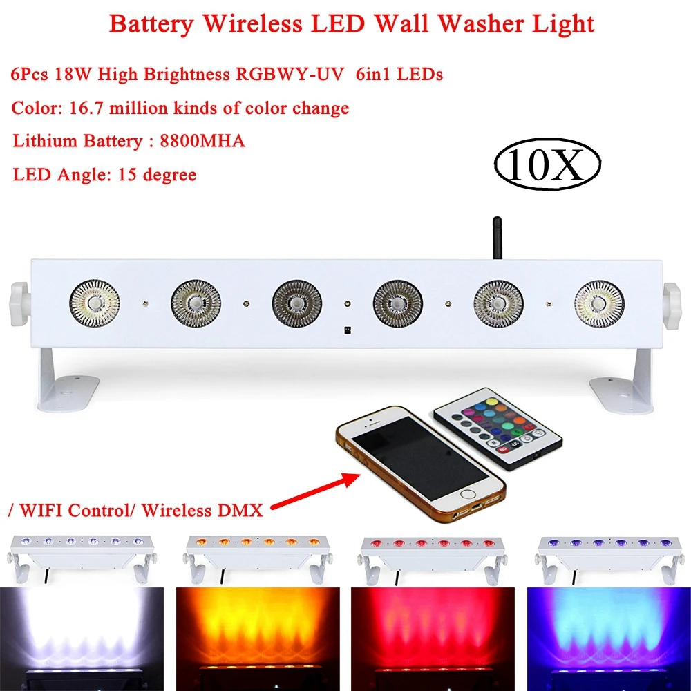 10Pcs/Lot 6x18W 6IN1 RGBWA UV Battery Powered Wireless LED Display Wall Washer Mobile Phone Control For Indoor DJ Disco Stage
10Pcs/Lot 6x18W 6IN1 RGBWA UV Battery Powered Wireless LED Display Wall Washer Mobile Phone Control For Indoor DJ Disco Stage