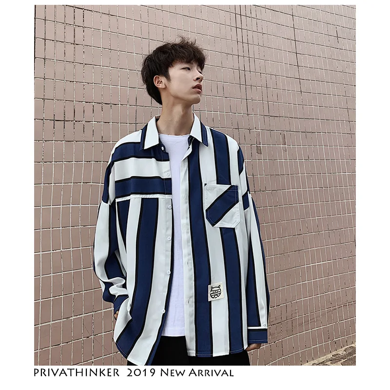 Privathinker мужские полосатые рубашки с длинным рукавом 2020 s Harajuku уличная Лоскутная