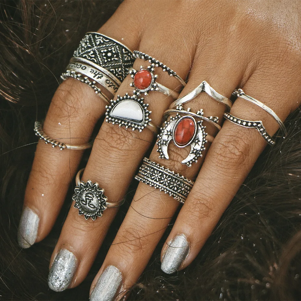 14 pcs/Set Antique Silver Color Moon Sun Ring Sets Women Carved Flower Red Stone White Beads Midi Finger Knuckle Rings Jewelry
14 pcs/Set Antique Silver Color Moon Sun Ring Sets Women Carved Flower Red Stone White Beads Midi Finger Knuckle Rings Jewelry