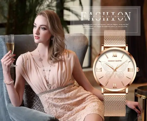 Женские модные розовые золотые кварцевые часы Дамский кожаный ремешок для часов