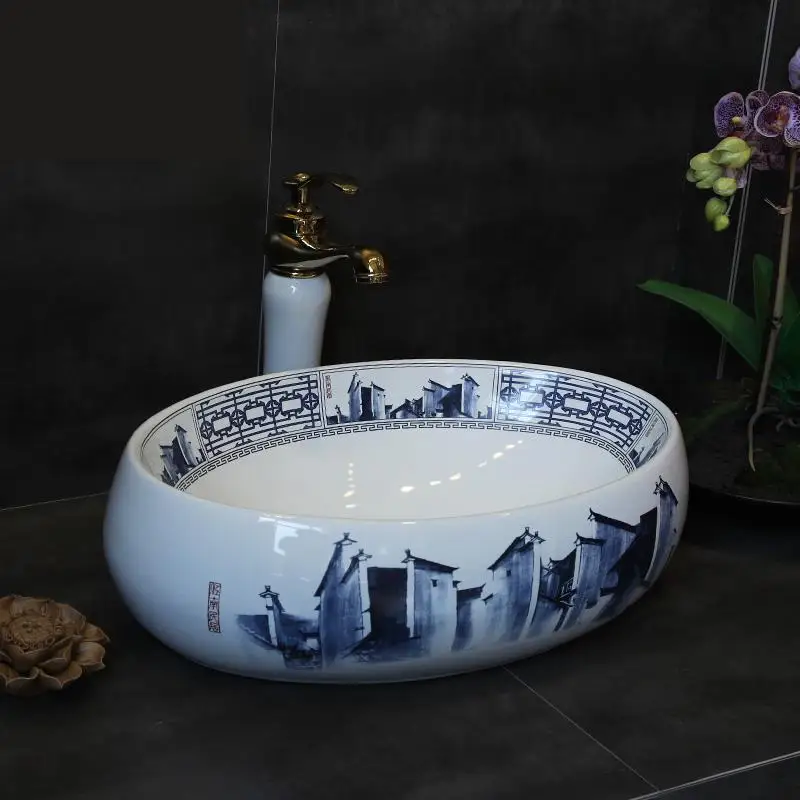 Сине белая фарфоровая настольная раковина Jingdezhen Новая китайская керамическая в