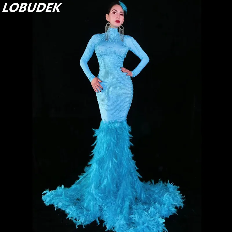 Women Full Pearls Blue Feathers Mermaid Stylish Dress Evening Party Birthday Celebration Fashion Tail Long Dress Singer Costume
Women Full Pearls Blue Feathers Mermaid Stylish Dress Evening Party Birthday Celebration Fashion Tail Long Dress Singer Costume
