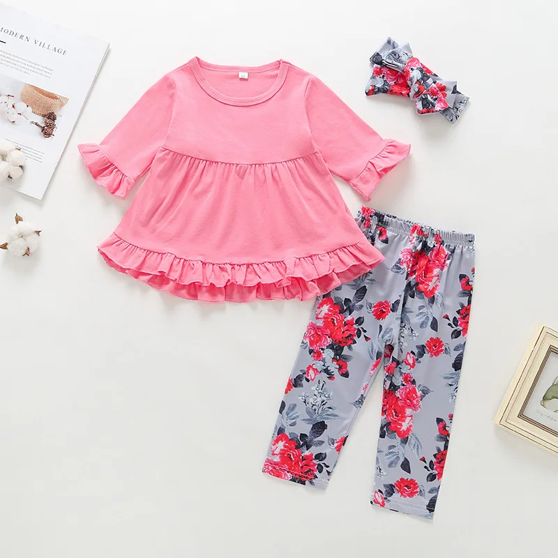 2019 Baby Girls 3 piece /sets pink solid color top +printed trousers + headband Girls set outer clothing 9-24m
2019 Baby Girls 3 piece /sets pink solid color top +printed trousers + headband Girls set outer clothing 9-24m