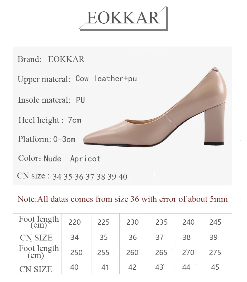 Eokkar 2019 Women Cow Leather Square High Heels 7CM Pointed Toe Office Lady Dress Shoes Nude Color Party Wear Pumps Size 34-39
Eokkar 2019 Women Cow Leather Square High Heels 7CM Pointed Toe Office Lady Dress Shoes Nude Color Party Wear Pumps Size 34-39