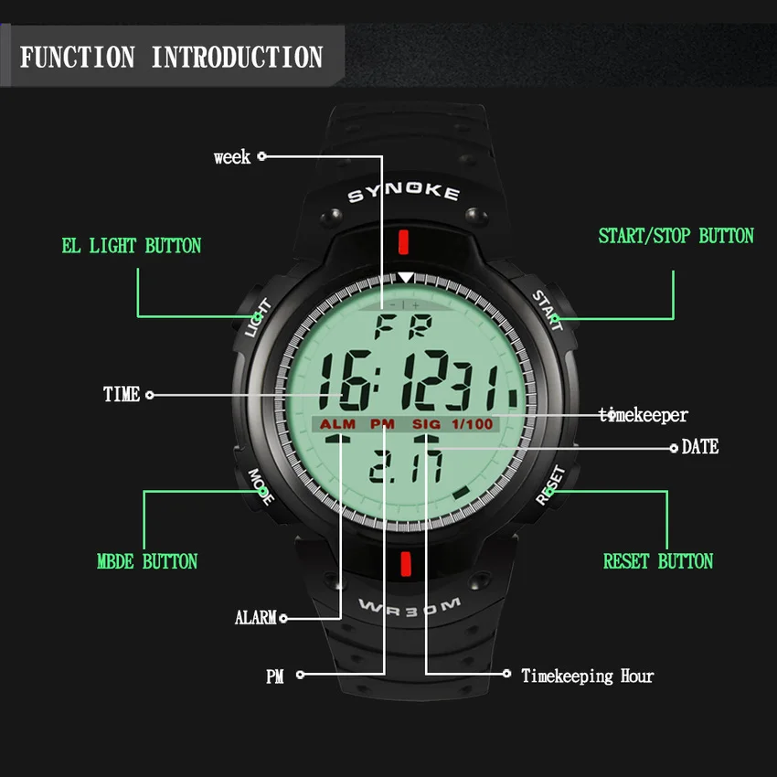 SYNOKE Watches Men 30M Waterproof Electronic LED Digital Watch Men Outdoor Mens Sports Wrist Watches Stopwatch Relojes Hombre
SYNOKE Watches Men 30M Waterproof Electronic LED Digital Watch Men Outdoor Mens Sports Wrist Watches Stopwatch Relojes Hombre