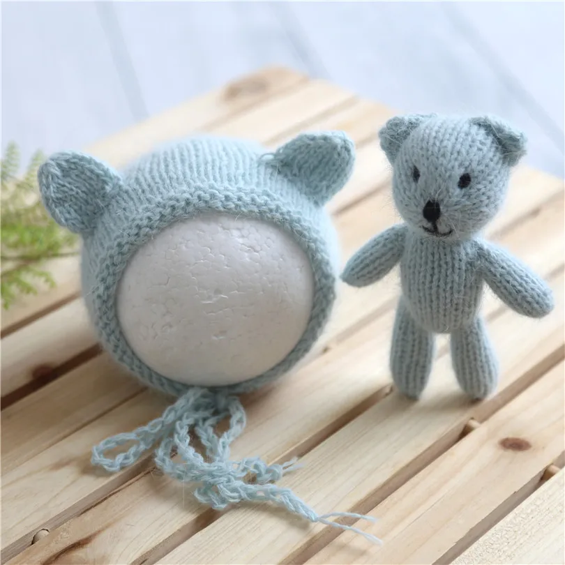 

Handmade Teddy Bear Hat mathing Toy Set Newborn Photography Props Knit Fuzzy Stuffer Animal Toy Corchet Fluffy Bear Bonnet