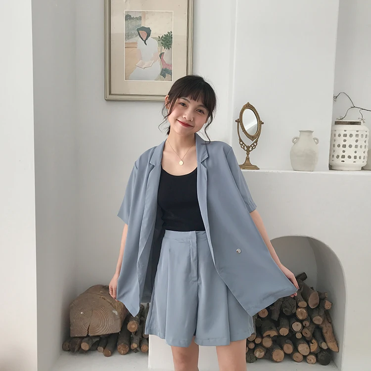 two pcs set summer 2019 solid color chiffon coat+wide leg shorts 2 womens clothing (F3729) | Женская одежда