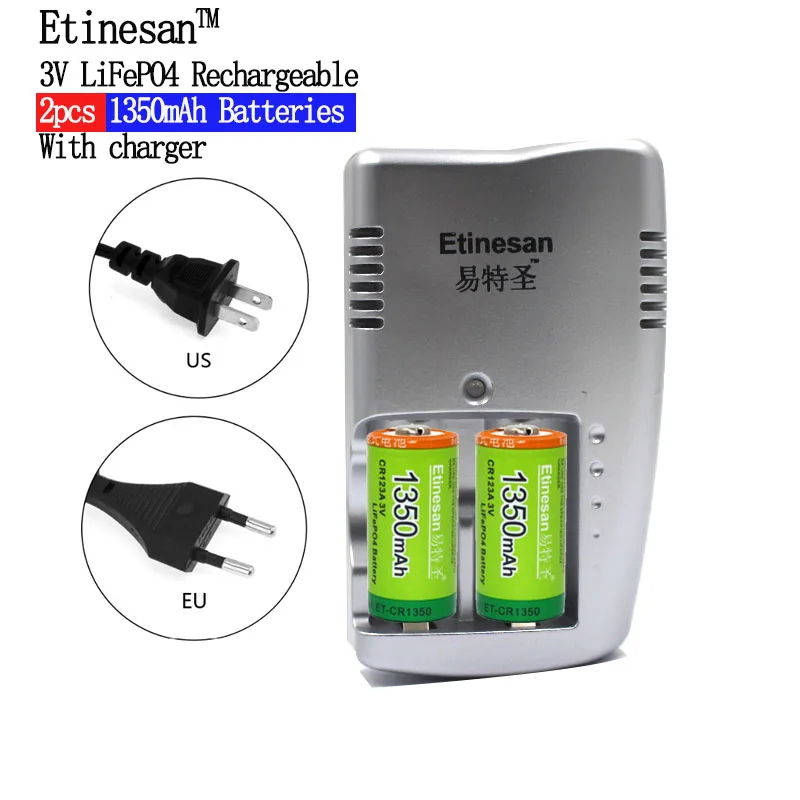 Etinesan 1350mAh CR123A LiFePo4 Rechargeable Battery + 2 Slots Intelligent Smart Charger for 3V CR 123A Battery
Etinesan 1350mAh CR123A LiFePo4 Rechargeable Battery + 2 Slots Intelligent Smart Charger for 3V CR 123A Battery