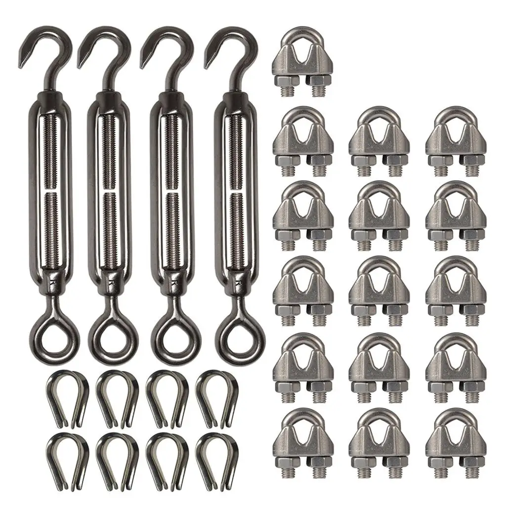 4-Pcs Turnbuckle/Tension(Eye&Hook, M6), 16-Pcs 1/8 Inch Wire Rope Cable Clip/Clamp(M3), 8-Pcs Thimble(M3), Stainless Steel Kit
4-Pcs Turnbuckle/Tension(Eye&Hook, M6), 16-Pcs 1/8 Inch Wire Rope Cable Clip/Clamp(M3), 8-Pcs Thimble(M3), Stainless Steel Kit
