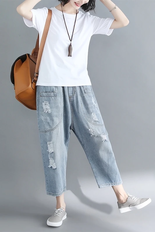 Womens Jeans Denim Loose Slim Fitted Vintage Blue Elastic Waist Harem Pants Casual Pocket Ripped Hole Jeans Pantalon
Womens Jeans Denim Loose Slim Fitted Vintage Blue Elastic Waist Harem Pants Casual Pocket Ripped Hole Jeans Pantalon